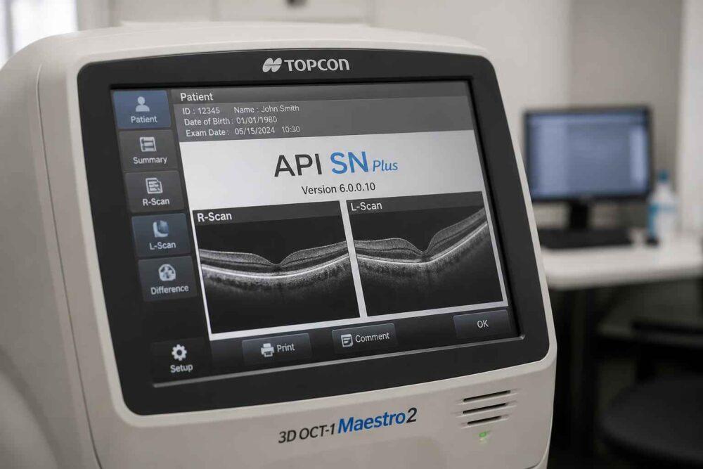 Aparat OCT Topcon wyświetlający skan siatkówki oka na ekranie monitora