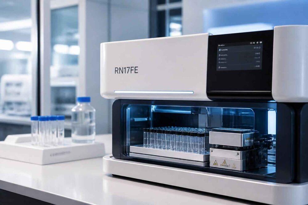 Automatyczny analizator laboratoryjny RN17FE na stole z probówkami i butelką odczynników