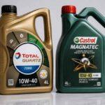 Kanistry oleju silnikowego Total Quartz 7000 i Castrol Magnatec 10W-40 obok siebie