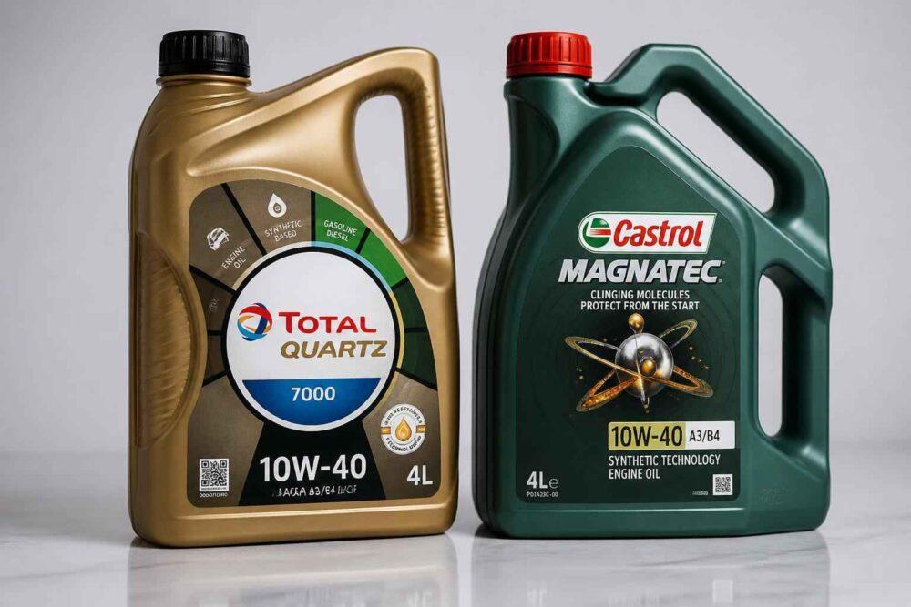 Kanistry oleju silnikowego Total Quartz 7000 i Castrol Magnatec 10W-40 obok siebie