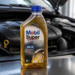 Butelka oleju Mobil Super 2000 stojąca przed otwartą komorą silnika samochodu