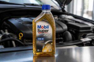 Butelka oleju Mobil Super 2000 stojąca przed otwartą komorą silnika samochodu