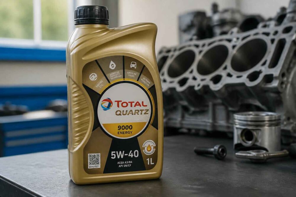 Butelka oleju Total Quartz 9000 Energy 5W-40 na tle silnika Butelka oleju Total Quartz 9000 Energy 5W-40 obok tłoka i bloku silnika