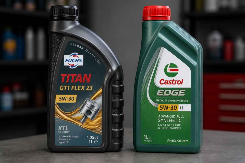 Butelki olejów silnikowych Fuchs Titan i Castrol Edge Butelki olejów Fuchs Titan i Castrol Edge 5W-30 ustawione na tle warsztatowych półek