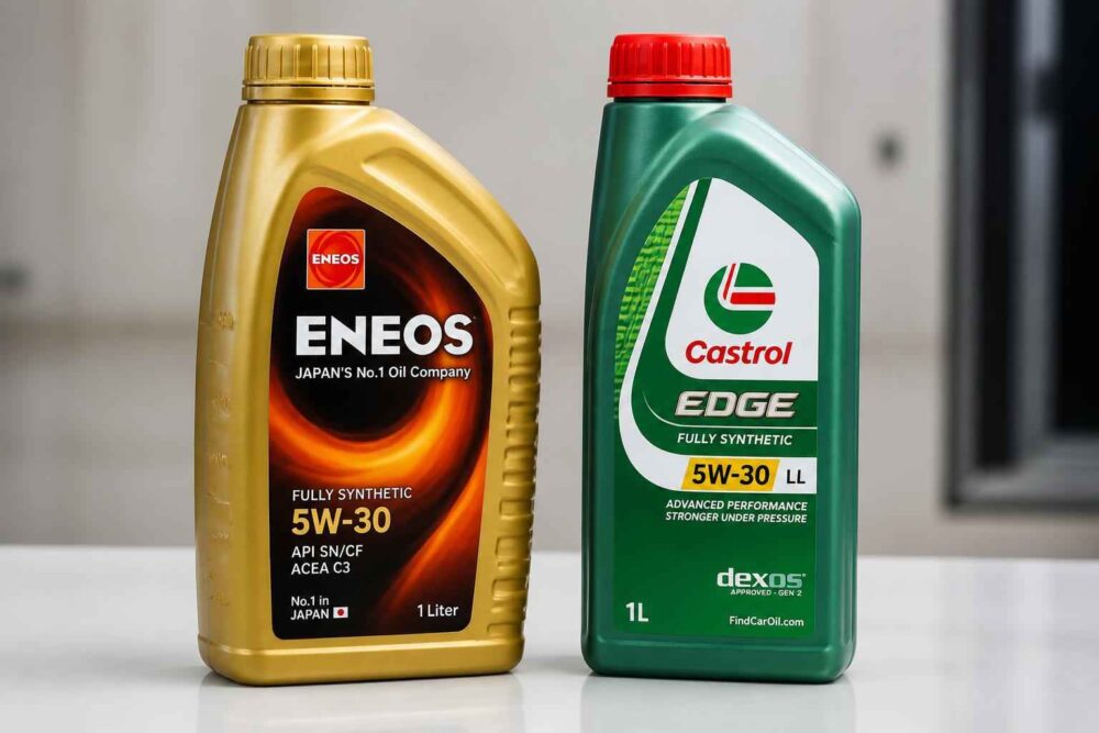 Butelki oleju silnikowego Eneos i Castrol Edge Butelki olejów Eneos 5W-30 i Castrol Edge 5W-30 ustawione obok siebie na blacie