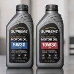 Dwie butelki oleju silnikowego Supreme Full Synthetic Motor Oil 5W30 i 10W30 na blacie