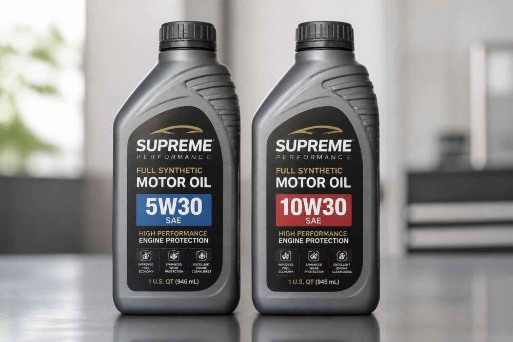 Dwie butelki oleju silnikowego Supreme Full Synthetic Motor Oil 5W30 i 10W30 na blacie