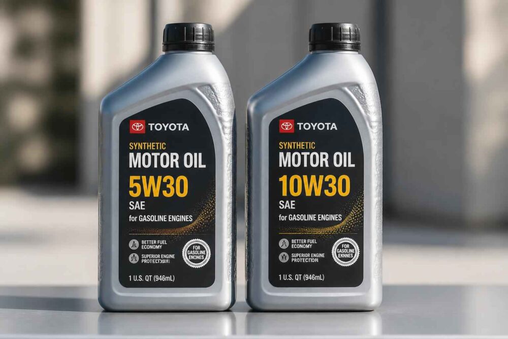 Dwie butelki syntetycznego oleju silnikowego Toyota 5W30 i 10W30 ustawione na blacie