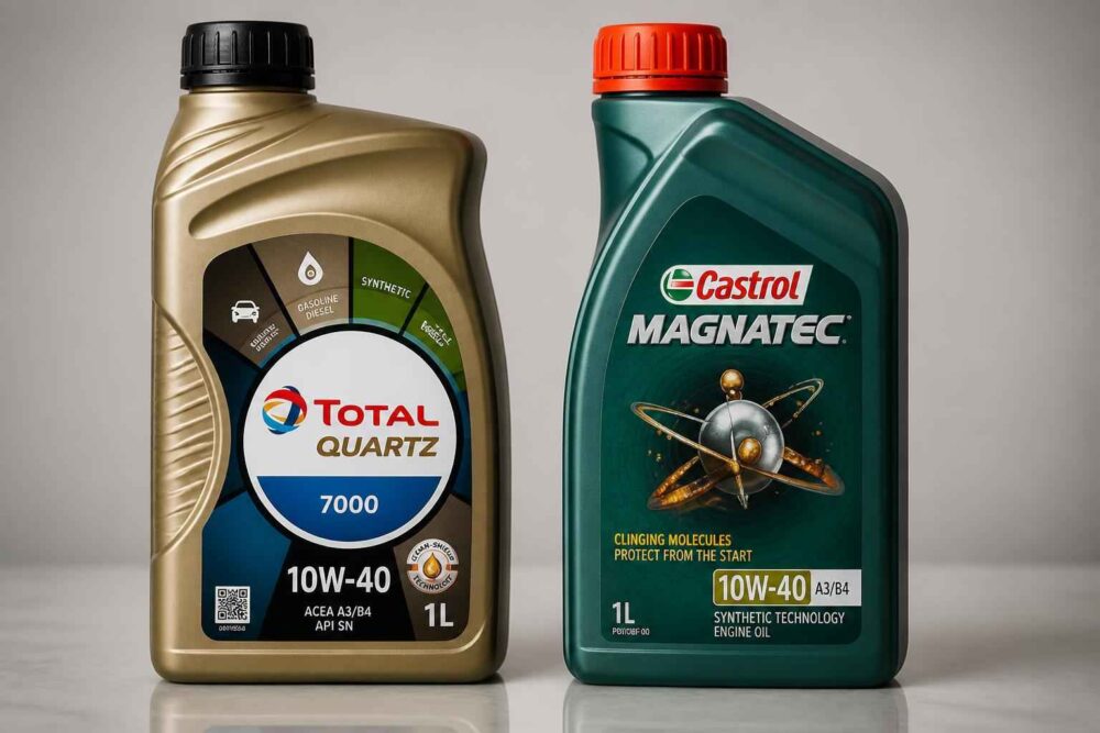 Butelki oleju Total Quartz 7000 i Castrol Magnatec Butelki oleju silnikowego Total Quartz 7000 i Castrol Magnatec 10W-40 na jasnym tle