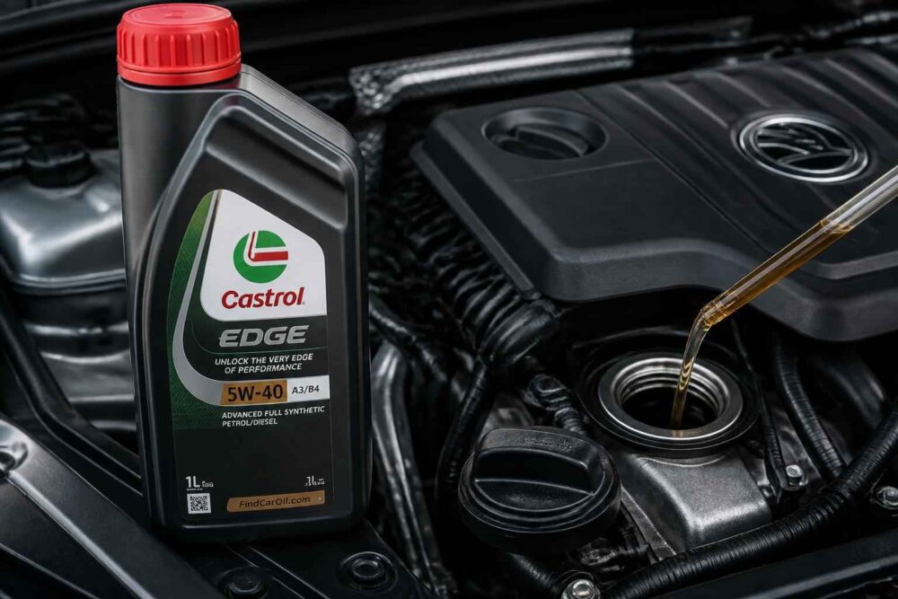 Kanister Castrol EDGE 5W-40 obok otwartego wlewu oleju z nalewanym płynem do silnika samochodu