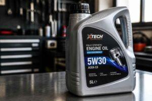 Kanister syntetycznego oleju silnikowego XTECH 5W30 o pojemności 5 litrów na warsztatowym blacie