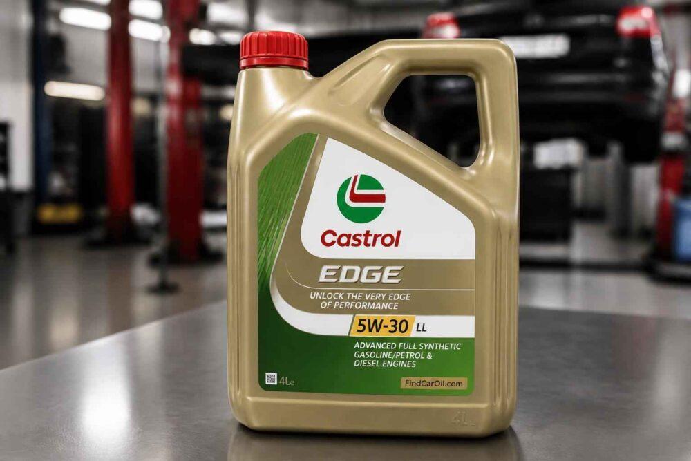 Kanister oleju silnikowego Castrol EDGE 5W-30 na tle warsztatu samochodowego