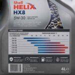 Kanister oleju Shell Helix HX8 5W-30 o pojemności 4 litrów z tabelą lepkości