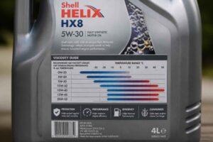 Kanister oleju Shell Helix HX8 5W-30 o pojemności 4 litrów z tabelą lepkości
