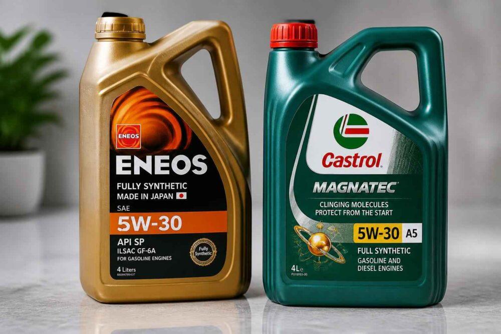 Kanistry olejów silnikowych Eneos 5W-30 i Castrol Magnatec 5W-30 na stole