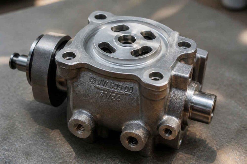 Metalowa pompa hydrauliczna z otworami montażowymi na warsztatowym blacie