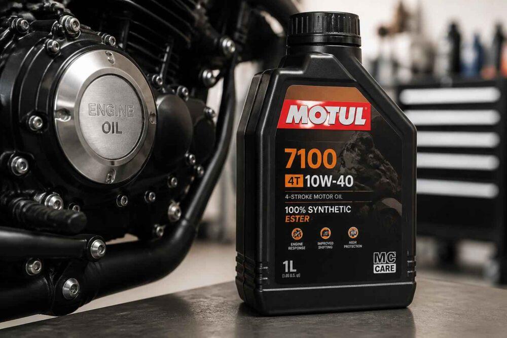 Butelka oleju Motul 7100 10W-40 ustawiona obok silnika motocyklowego