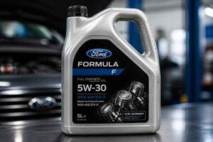Kanister oleju silnikowego Ford Formula F 5W-30 na tle samochodu Forda