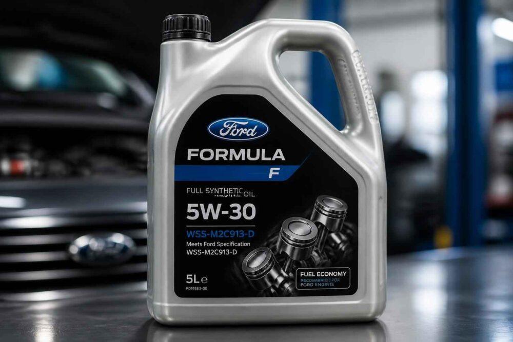 Kanister oleju silnikowego Ford Formula F 5W-30 na tle samochodu Forda