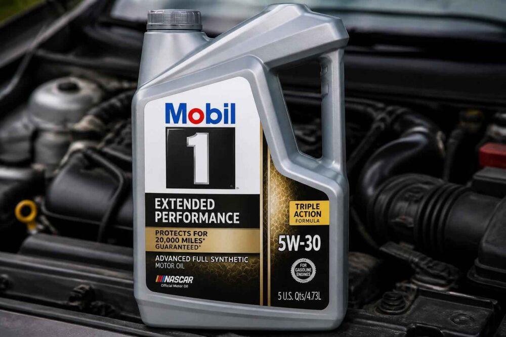 Kanister oleju silnikowego Mobil 1 5W-30 ustawiony przed otwartym silnikiem samochodu