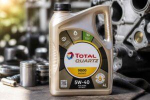 Kanister oleju silnikowego Total Quartz 9000 Energy 5W-40 na tle części samochodowych