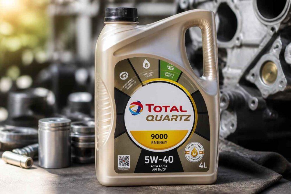 Kanister oleju silnikowego Total Quartz 9000 Energy 5W-40 na tle części samochodowych