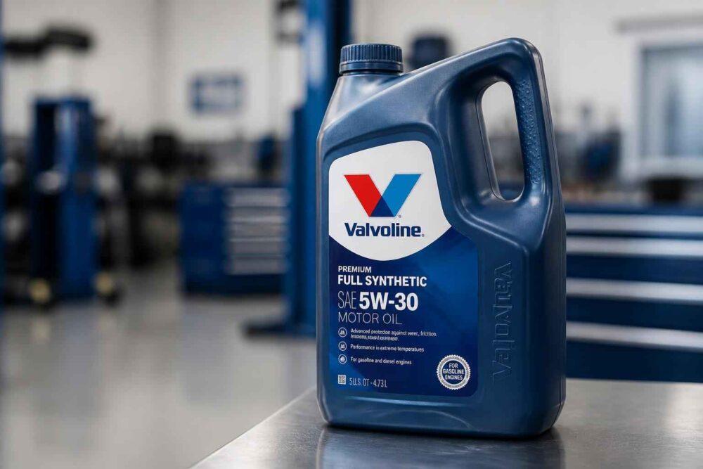 Kanister oleju silnikowego Valvoline Full Synthetic 5W-30 na blacie warsztatowym