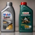 Butelki olejów silnikowych Mobil Super 3000 i Castrol Magnatec 5W-40 obok siebie