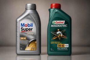 Butelki olejów silnikowych Mobil Super 3000 i Castrol Magnatec 5W-40 obok siebie