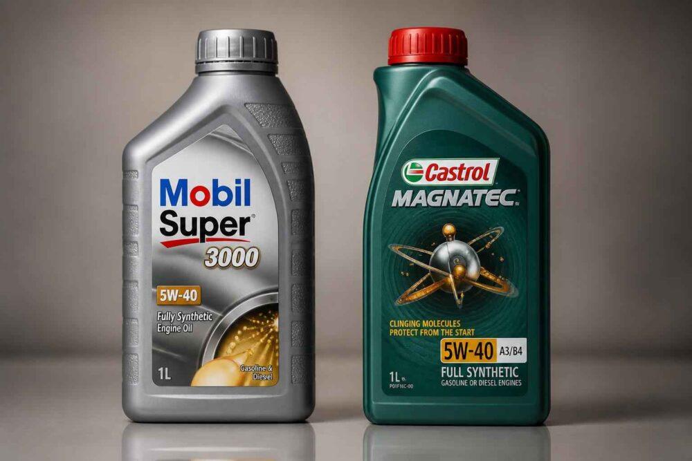 Butelki olejów silnikowych Mobil Super 3000 i Castrol Magnatec 5W-40 obok siebie