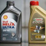 Butelki olejów silnikowych Shell Helix Ultra i Castrol Edge 5W-40 obok siebie