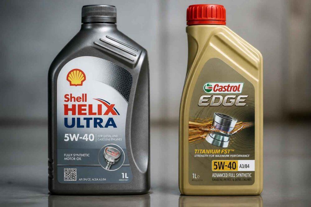 Butelki olejów silnikowych Shell Helix Ultra i Castrol Edge 5W-40 obok siebie