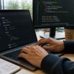 Programista pisze kod na laptopie przy biurku z monitorem i kubkiem kawy