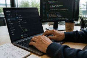Programista pisze kod na laptopie przy biurku z monitorem i kubkiem kawy