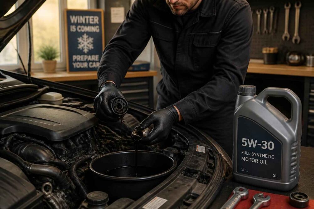 Mechanik w rękawiczkach przygotowuje olej 5W-30 przy otwartej komorze silnika samochodu