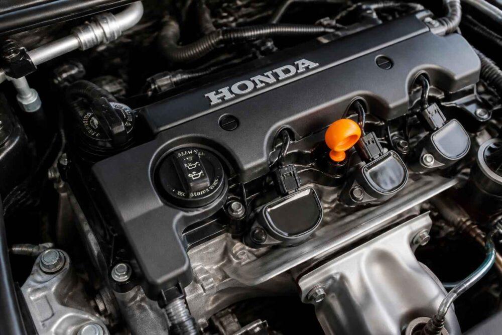 Zbliżenie na silnik Honda z czarną pokrywą zaworów i pomarańczowym wskaźnikiem oleju
