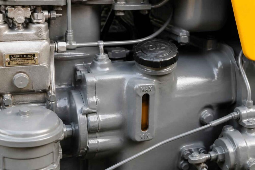 Zbliżenie na zbiornik oleju hydraulicznego ciągnika Ursus C-360 ze wskaźnikiem poziomu MAX i MIN