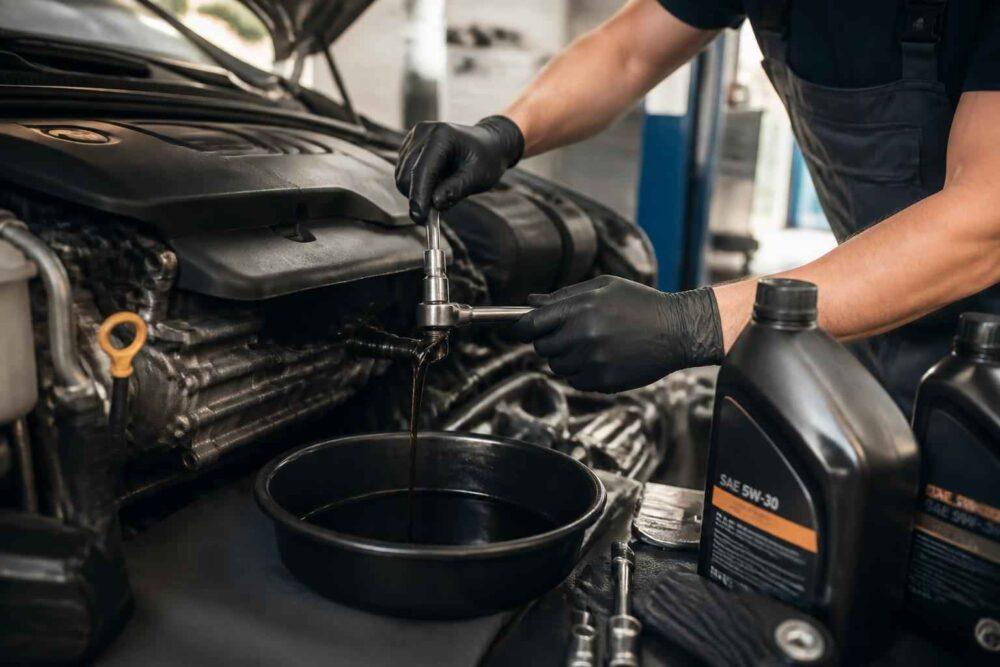 Mechanik spuszcza olej silnikowy do pojemnika podczas serwisowania samochodu