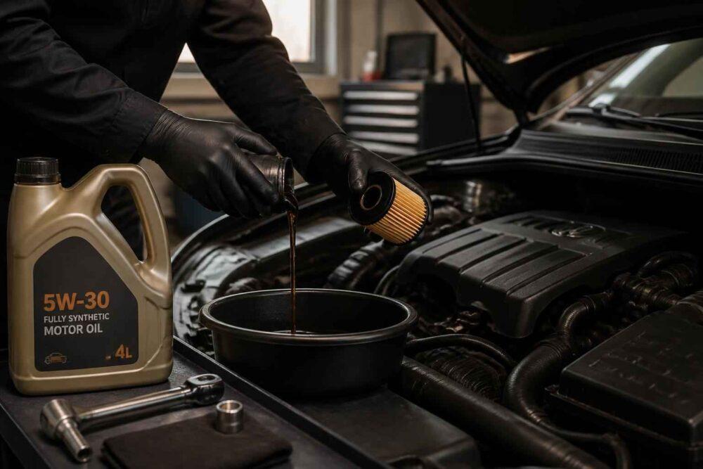 Mechanik w rękawiczkach wlewa olej 5W-30 do pojemnika przy silniku samochodu